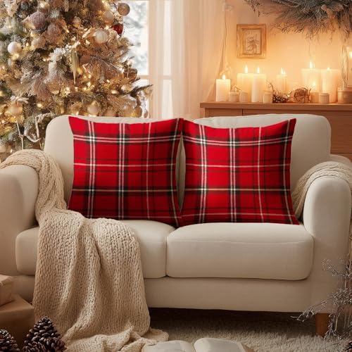 HOMETITUTE Set of 2 Christmas Rustic Plaid Throw Pillow Covers 18x18 Inch - Variation #04