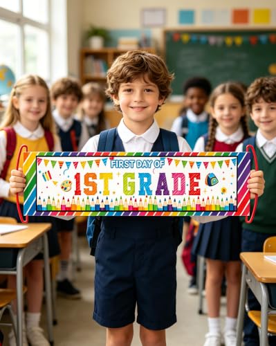 First Day of 1st Grade Photo Sign Banner for Back to School Decorations