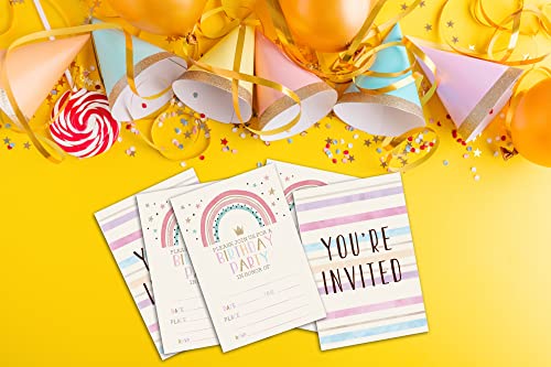 Pink Boho Rainbow Birthday Party Invitations with Envelopes, 4x6 Inches - 20 Pack