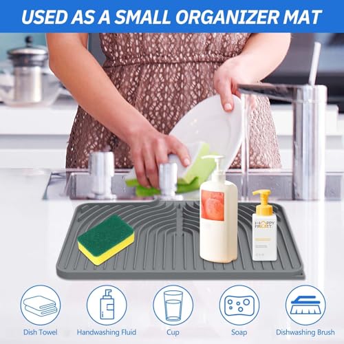 Dish Drying Mat with Drain Lip - 14.7x10.2 Inch Grey Silicone Pad