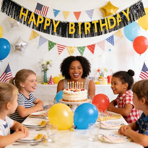 Black and Gold Happy Birthday Banner with Foil Fringe Curtain Kit