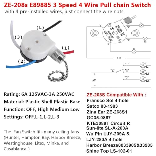 2 Pack Ceiling Fan Switch ZE-208s 3-Speed 4-Wire Pull Chain Replacement Part Nickel Chain