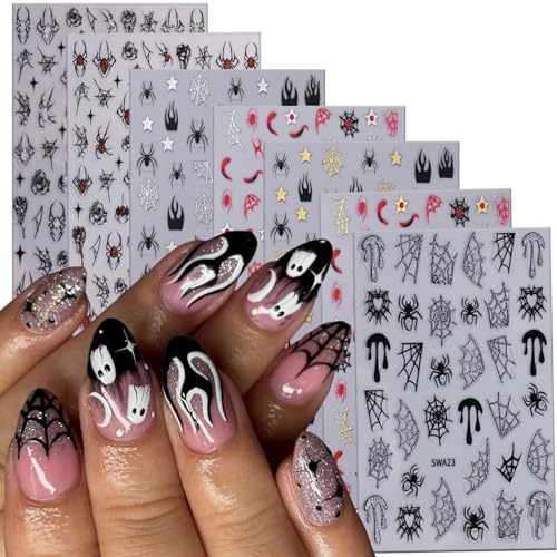 Halloween 3D Self-Adhesive Nail Art Stickers Spider Web Flame Decals 7 Sheets