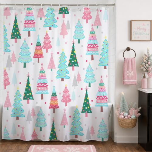 Pastel Christmas Tree Shower Curtain Pink Teal 72x72 Inch - Pack of 1