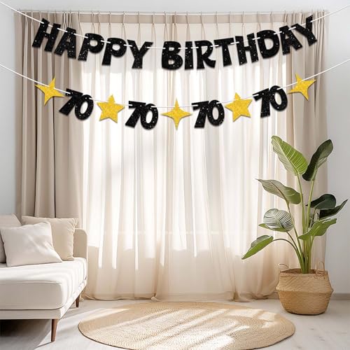 Black and Gold 70th Birthday Banner - Pre-Strung Party Decoration Sign
