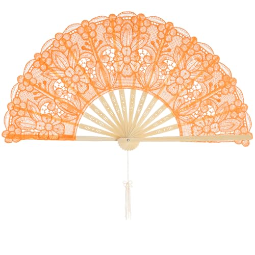 Choyaxo Cotton Lace Folding Hand Fan, Embroidered Floral Design (Orange)