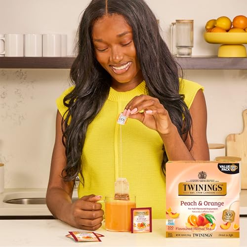 Twinings Peach & Orange Herbal Tea - 100 Individually Wrapped Caffeine-Free Bags, Juicy & Fruity, Hot or Iced, Pack of 1
