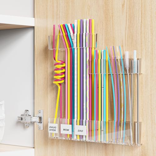 Cinola Transparent 9.84-inch Adjustable Straw Organizer for Cabinet Doors, 3-Part Storage with Strong Adhesive Tape