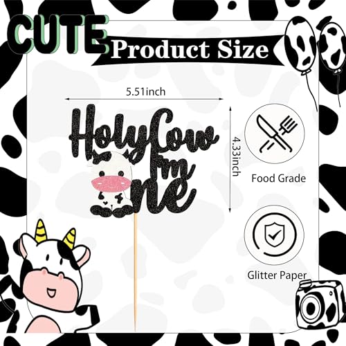 Holy Cow I'm One Cake Topper - Black Glitter Farm Theme