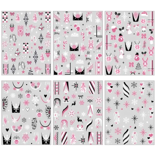 Pink Christmas Nail Stickers 6 Sheets 3D Winter Reindeer Snowflake Decals