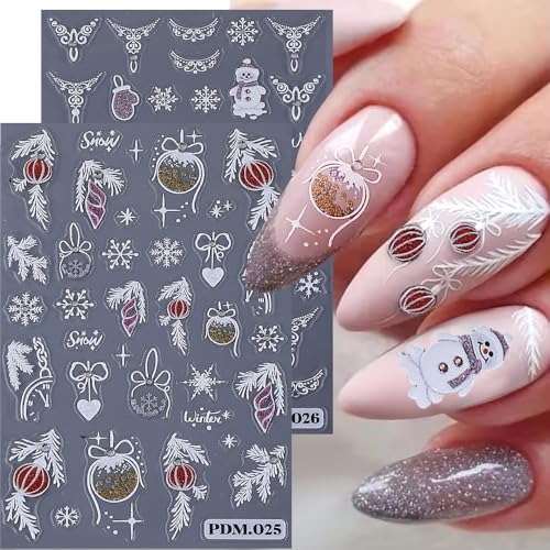 5D Embossed Winter Snowflake Nail Stickers Decals - 3 Sheets Christmas Holiday Nail Art Design