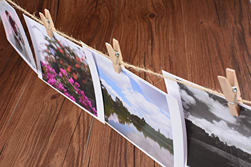Natural Wooden Clothespins 1.38 Inch - 100 Pack Mini Photo Clips with Jute Twine