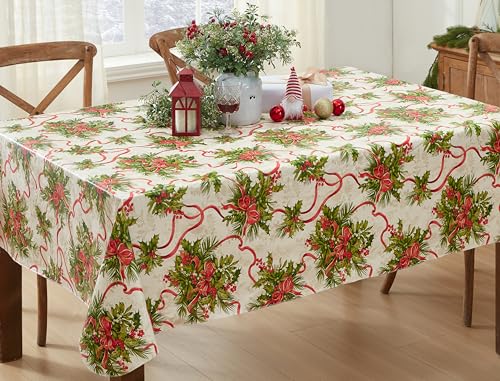 Newbridge Holly Traditions Christmas Vinyl Tablecloth 70x52 Inches - Rectangular Holiday Decor