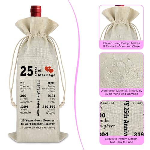 25th Anniversary Wine Bag for Couples - Burlap Drawstring Keepsake