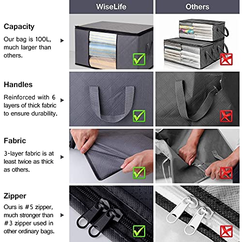 WISELIFE 3 Pack Large Grey Clothes Storage Bags 100L Foldable Organizers for Bedding & Clothing