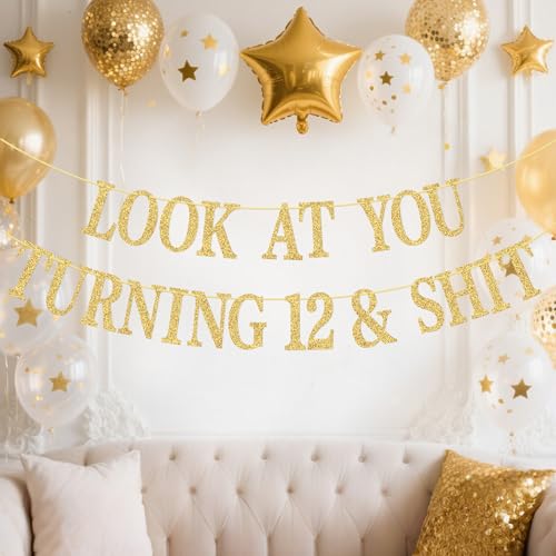 Gold Glitter Sweet 12 Birthday Banner with Hanging Kit