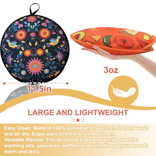 Large Tortilla Warmers - 2 Pack Insulated Fabric Pouch for Tacos, Naan & Pizza
