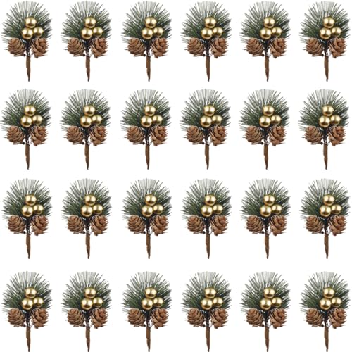 Artificial Pine Picks with Gold Berries and Pinecones - Christmas Decor, 25 Pack