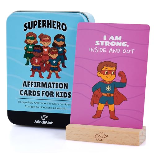 MindMint Superhero Affirmation Cards for Kids - 50 Daily Positive Cards with Stand