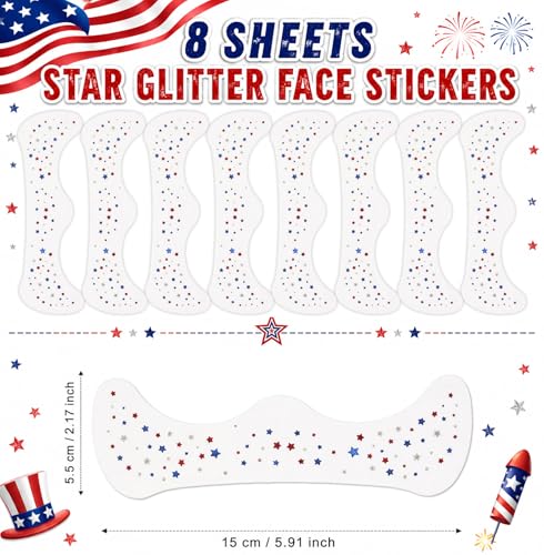 Artlunar 8Pcs 4th of July Face Tattoos - Red White Blue Star Freckle Stickers