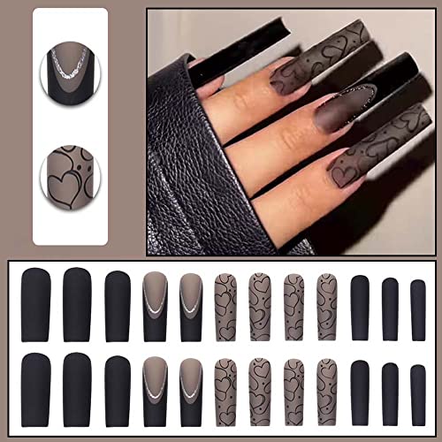 Black Long Coffin Press on Nails with Matte Heart Design 24Pcs
