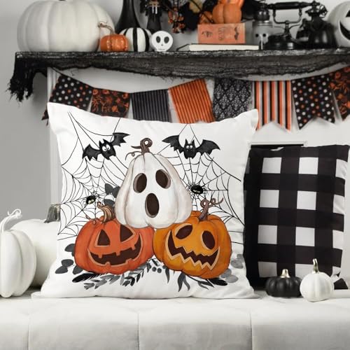 Halloween Pumpkin & Bat Pillow Cover, 18x18 Inch Decorative Farmhouse Case