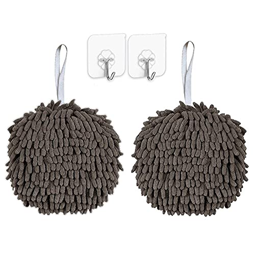 Fuzzy Ball Hand Towel Set - 2 Grey Chenille Quick Dry Towels