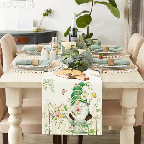 Spring Gnome Table Runner 13x72 Inch - Floral Kitchen Decor
