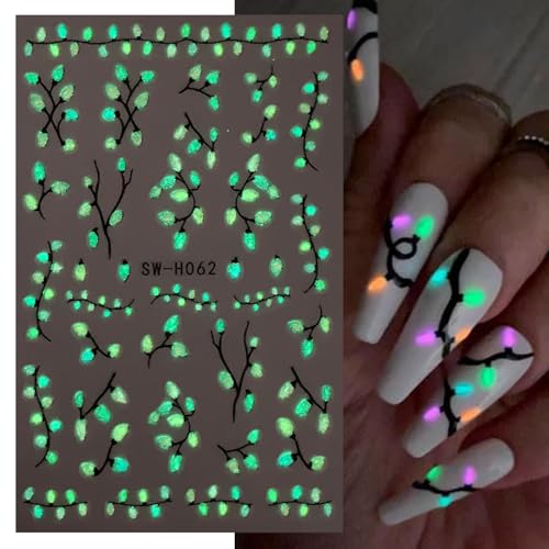 Christmas Nail Stickers 6 Sheets 3D Glow in the Dark Winter Decals