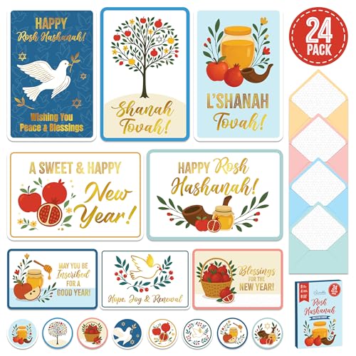24 Pack Gold Foil Rosh Hashanah Greeting Cards - 4x6in