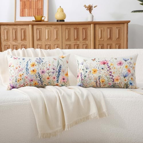 Floral Spring Summer Throw Pillow Covers 12x20 Inch, Set of 2