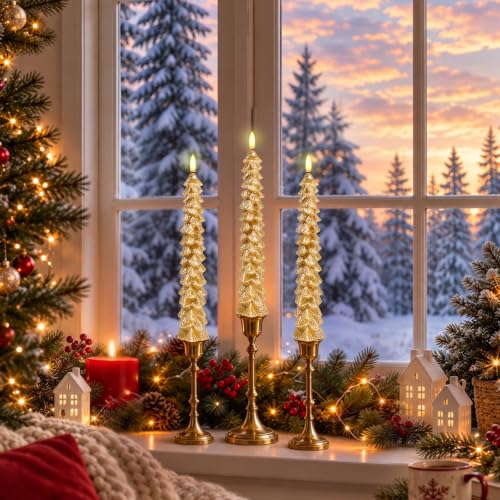 4PC Gold Flameless Christmas Tree Taper Candles - Holiday Decor