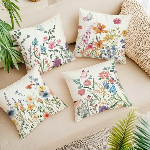 Spring Farmhouse Throw Pillow Covers 18x18, Set of 4 (Spring 02)