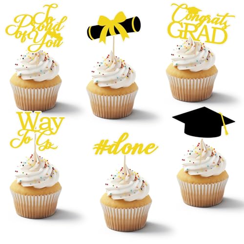 48 Pcs 2026 Graduation Cupcake Toppers Glitter Cap Party Decorations