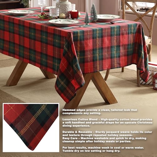 Christmas Dancer Plaid Tablecloth 60 x 120 Inches Red Green Gold Holiday Decor