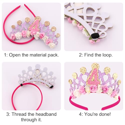 TODDER 4th Birthday Headband Glitter Pink Hair Accessory with Flowers