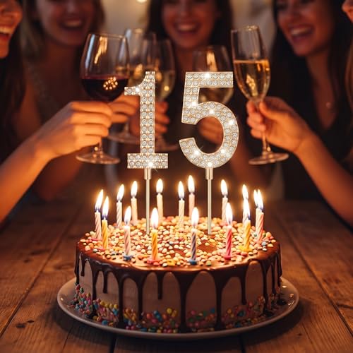 15th Birthday Cake Topper with Rhinestones - Elegant Gold Decoration