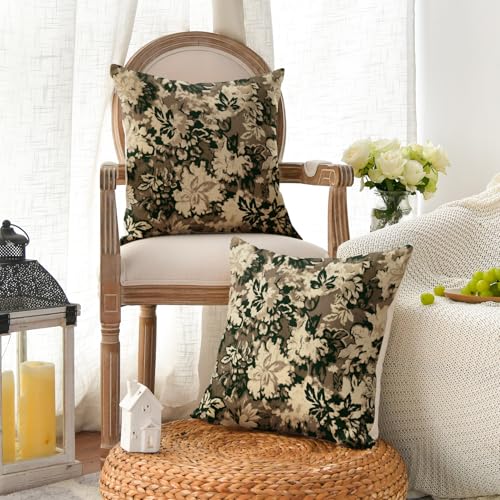 AVOIN Chinoiserie Vintage Floral Throw Pillow Covers - Brown, 18" x 18" (Set of 2)