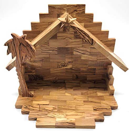 Olive Wood Nativity Stable - Handmade Bethlehem Christmas Decor 10.5x8.4x6.4 Inches