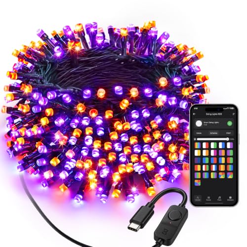 RGB Wi-Fi Smart String Lights - 100 LED 33 Ft Orange & Purple Halloween Lighting with USB-C