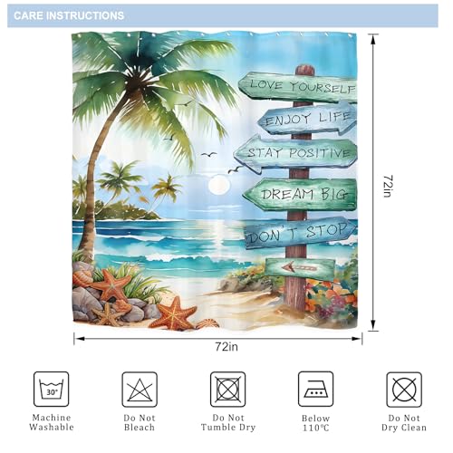 Riyidecor Tropical Palm Tree Shower Curtain 72x72 Inches with 12 Hooks - Coastal Beach Nautical Design Waterproof Fabric