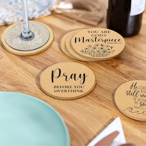 Inspirational Cork Coaster Set with Holder - 6 Round Absorbent Coasters