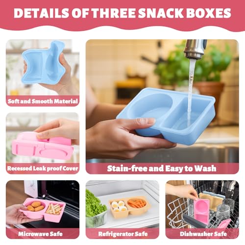 FACAJO 3-Piece Reusable Silicone Snack Containers - Dual Compartment