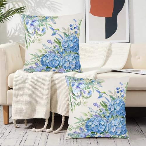 Spring Blue Hydrangea Floral Throw Pillow Covers 22x22 (Set of 2)