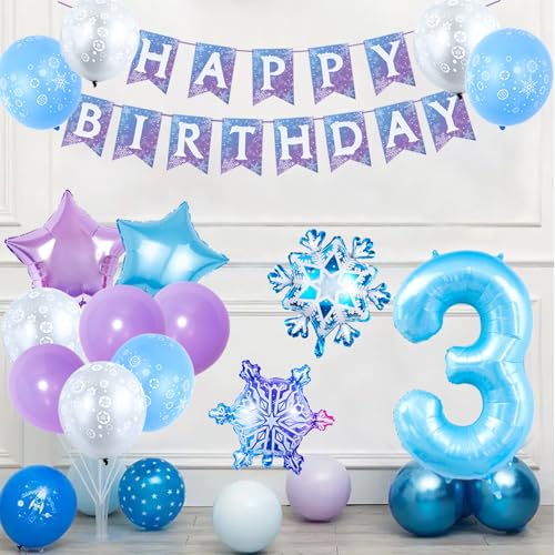 Chlororixia 3rd Birthday Party Decorations with 40 Inch Blue Number 3 Balloon and Festive Foil Snowflake Balloons - Variation 3