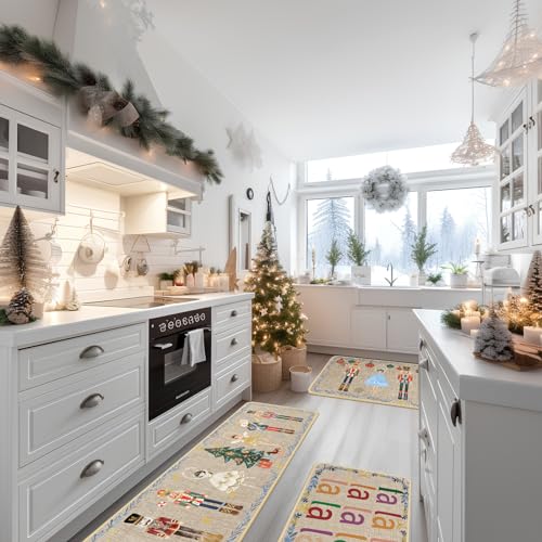 Watercolor Nutcrackers Christmas Kitchen Rugs Set - Non Slip Holiday Mats - 3 Sizes