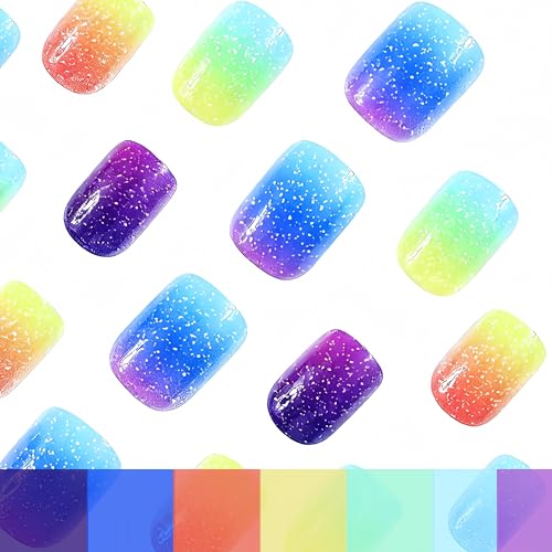 Short Square Press on Nails Glossy Gradient Rainbow Fake Nails 24 Pcs