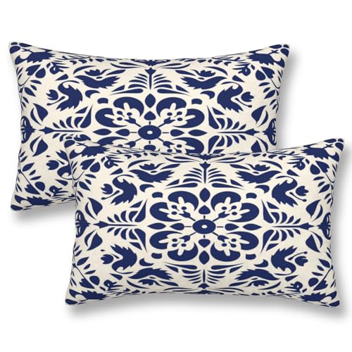 ZYNTIRAX Navy Blue Boho Throw Pillow Covers, 12x20 Inch Ethnic Lumbar Set of 2