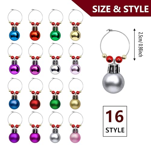 16 Pcs Christmas Ball Wine Glass Charms Drink Markers Rings for Holiday Parties