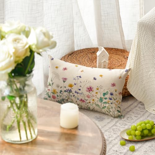 Colorful Floral Throw Pillow Cover, 12x20 Inch Polyester Cushion